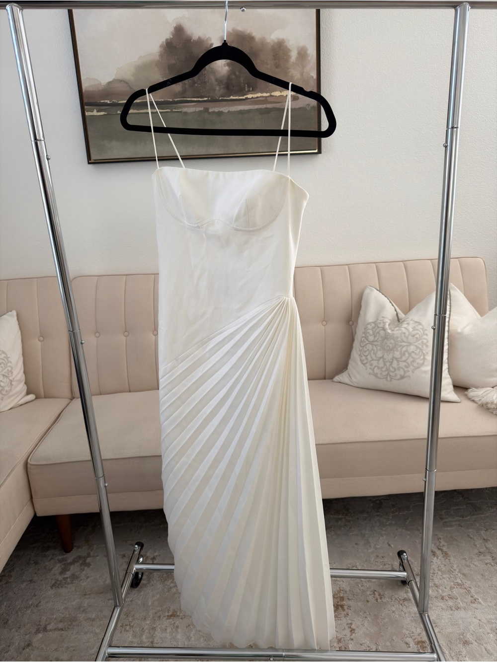 Cream Pleated Maxi Dress with Spaghetti Straps